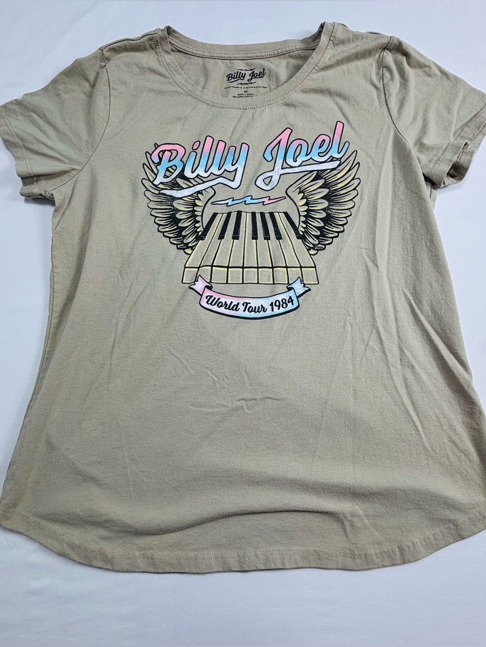 Billy Joel World Tour 1984 Graphic Tee - Beige with Pastel Print W603